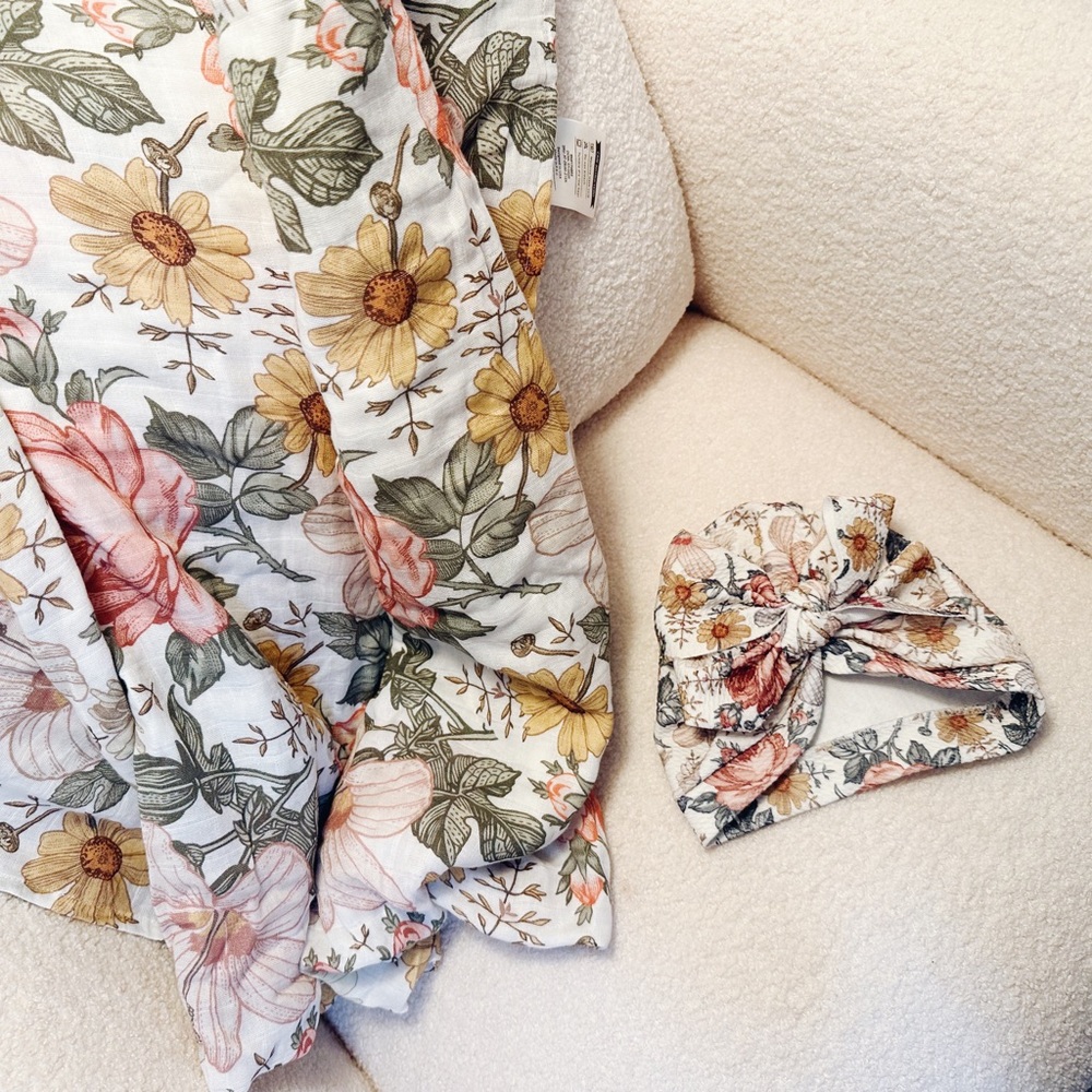 Garden Floral Swaddle and Turban - Mini Soft Muslin Nursery Newborn Blanket